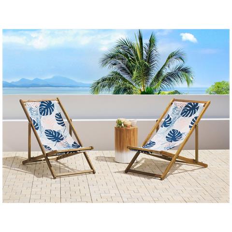 Set Di 2 Sedie A Sdraio Legno Acacia Chiaro Motivo Foglie Tropicali Blu Anzio - Foto 1
