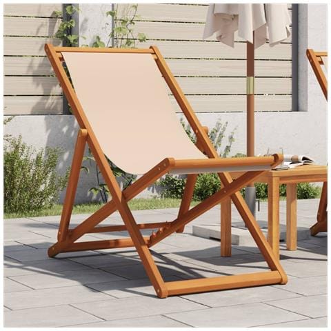 Sedia Da Spiaggia Pieghevole Beige Legno Di Eucalipto E Tessuto - Foto 1
