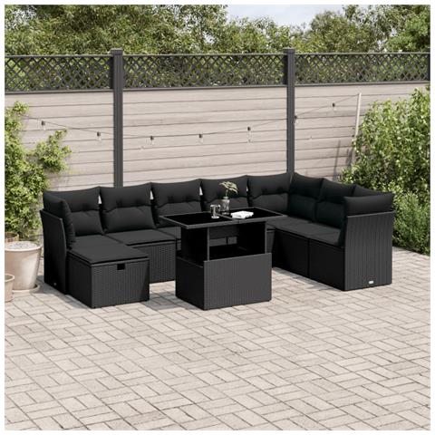 Set Divani Da Giardino 9 Pz Con Cuscini Nero In Polyrattan - Foto 1