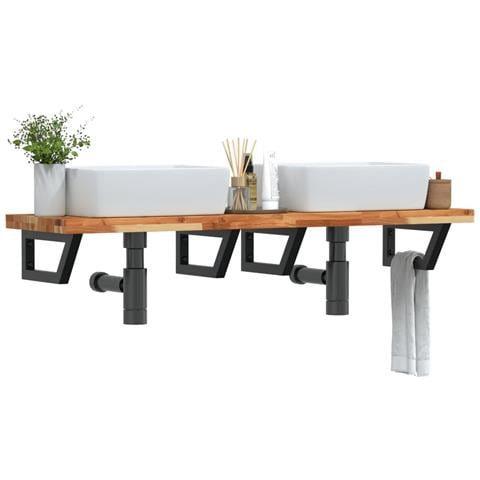 Ripiano A Parete Per Lavabo In Acciaio E Massello Di Acacia - Foto 8