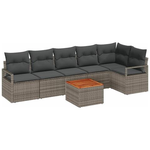 Set da Divano da Giardino  a 7 Pezzi con Cuscini Grigio Rattan Sintetico Acacia, Divano da Giardino a 2 Posti  con Cuscini Grigio Rattan Sintetico - Foto 1
