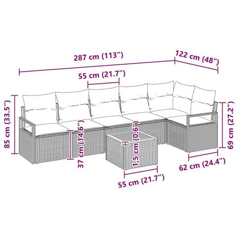 Set da Divano da Giardino  a 7 Pezzi con Cuscini Grigio Rattan Sintetico Acacia, Divano da Giardino a 2 Posti  con Cuscini Grigio Rattan Sintetico - Foto 9