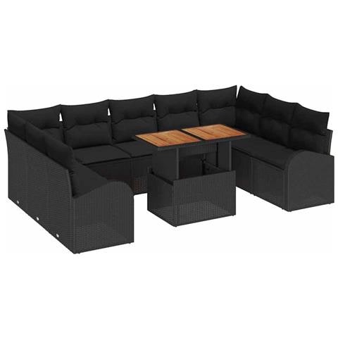 Set Divano Giardino da 10 Pezzi con Cuscini Nero Polyrattan, Divano Giardino 2 Posti con Stoccaggio e Cuscini Nero Polyrattan - Foto 1