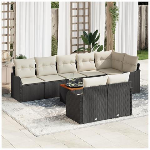 Set divani giardino 9 pezzi con cuscini Nero Polyrattan Acacia, Divano giardino 2 posti con cuscini Nero Polyrattan - Foto 2