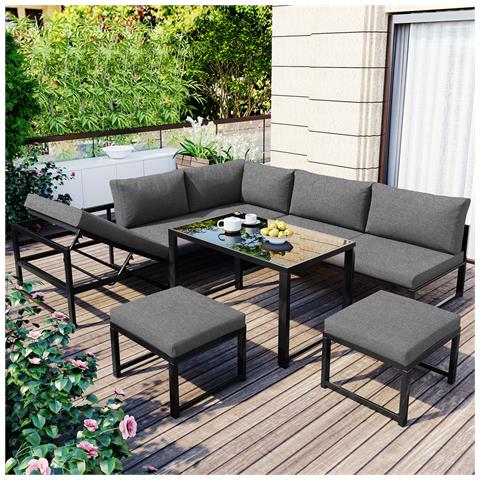 Set Di Sedie A Sdraio Da Giardino, Dinette In Alluminio, Con Funzione Reclinabile, Incl. Morbido Cuscino Di Seduta E Schienale, Grigio - Foto 1