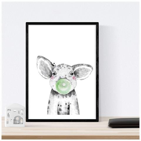 Set Di 6 Stampe Animali Bambini Con Gomma Da Masticare Maiale Coniglio Mucca Zorro Gufo Cane A4 Cornice Nera - Foto 6