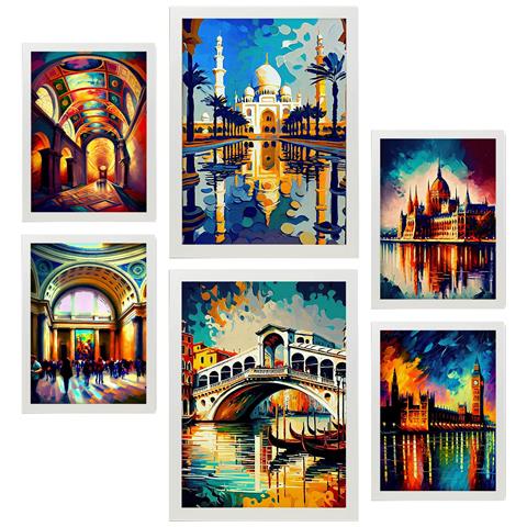 Set Di 6 Stampe Fiume In Stile Dipinto A Olio. Illustrazioni Di Monumenti E Città In Stile Fotografico A Colori. A3 & A4 Cornice Bianca - Foto 1