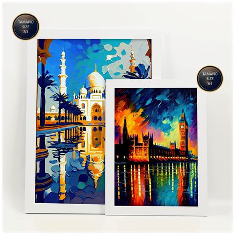 Set Di 6 Stampe Fiume In Stile Dipinto A Olio. Illustrazioni Di Monumenti E Città In Stile Fotografico A Colori. A3 & A4 Cornice Bianca - Foto 2