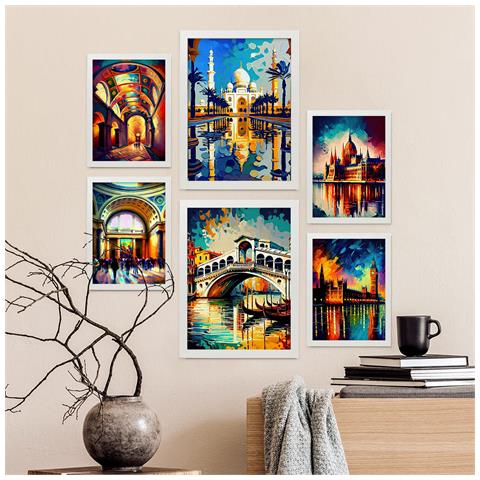 Set Di 6 Stampe Fiume In Stile Dipinto A Olio. Illustrazioni Di Monumenti E Città In Stile Fotografico A Colori. A3 & A4 Cornice Bianca - Foto 5