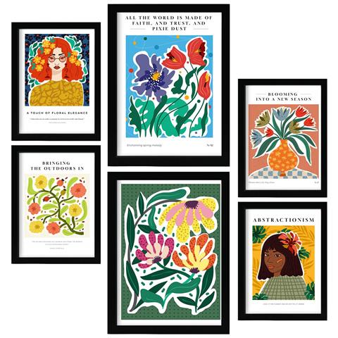 Set Di 6 Stampe Galleria D'arte Astratta Eden Sheet, Dipinti Decorativi Per Il Tuo Soggiorno, Stampe Artistiche Da Parete Per La Casa A3 & A4 Cornice Nera - Foto 1