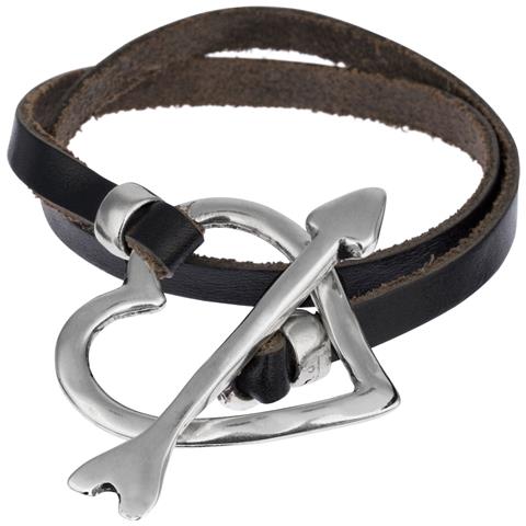 Bracciale In Pelle Nera Con Chiusura A Cuore Placcata Argento - Foto 1