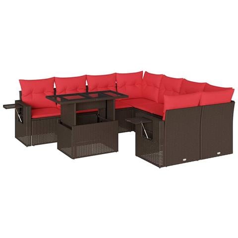 Set Divani da Giardino 9 pz con Cuscini Marrone in Polyrattan - Foto 1