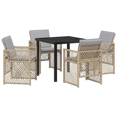 Set da Pranzo da Giardino in 5 Pezzi con Cuscini Beige Rattan Sintetico, Tavolo da Giardino Nero 80x80x73 cm Vetro Temperato - Foto 1