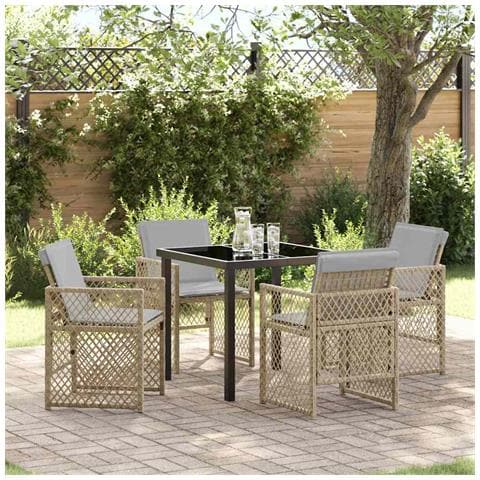 Set da Pranzo da Giardino in 5 Pezzi con Cuscini Beige Rattan Sintetico, Tavolo da Giardino Nero 80x80x73 cm Vetro Temperato - Foto 2