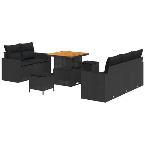 Set di divano da giardino 8 pezzi con cuscini in polyrattan nero, Set da pranzo da giardino 3 pezzi con cuscini in polyrattan nero - Foto 1