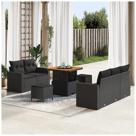 Set di divano da giardino 8 pezzi con cuscini in polyrattan nero, Set da pranzo da giardino 3 pezzi con cuscini in polyrattan nero - Foto 2