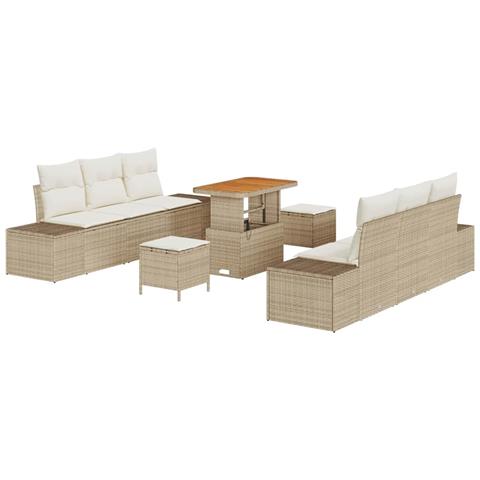 Set Divano da Giardino 9 Pezzi con Cuscini Beige in Polyrattan Acacia, Divano da Giardino 2 Posti con Cuscini Beige in Polyrattan, Set da Pranzo da Giardino 3 Pezzi con Cuscini Beige in Polyrattan Acacia - Foto 1