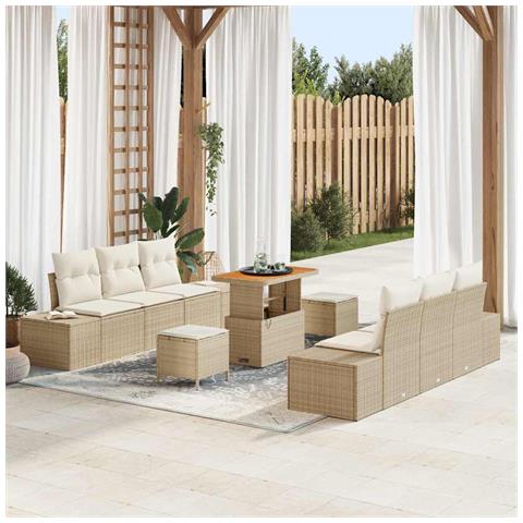Set Divano da Giardino 9 Pezzi con Cuscini Beige in Polyrattan Acacia, Divano da Giardino 2 Posti con Cuscini Beige in Polyrattan, Set da Pranzo da Giardino 3 Pezzi con Cuscini Beige in Polyrattan Acacia - Foto 2