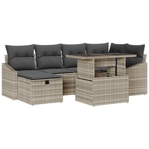 Set di Divano da Giardino a 7 Pezzi con Cuscini Grigio Chiaro in Polyrattan - Foto 1