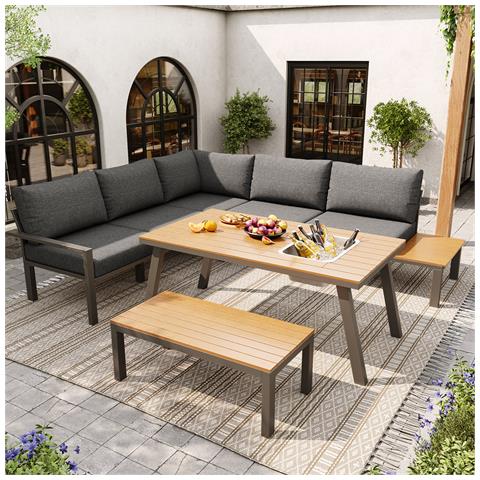 Set Da Giardino Per 6-7 Persone, Adatto Per Giardino, Balcone, Set Da Pranzo, Telaio In Ferro Zincato, Piano Del Tavolo Con Secchiello Per Il Ghiaccio - Foto 1