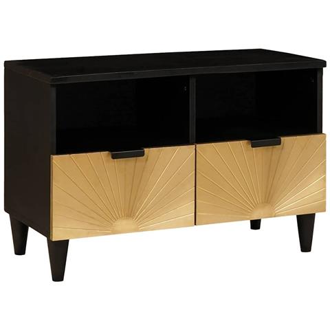 Mobile TV Nero e Oro 70 x 33 x 46 cm legno massello di mango - Foto 1