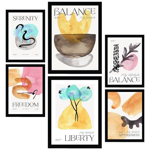 Set Di 6 Stampe Poster Astratti Ed Equilibrati Con Illustrazioni A Colori Per Mostre D'arte Estetica Per L'interior Design A3 & A4 Senza Cornice - Foto 1