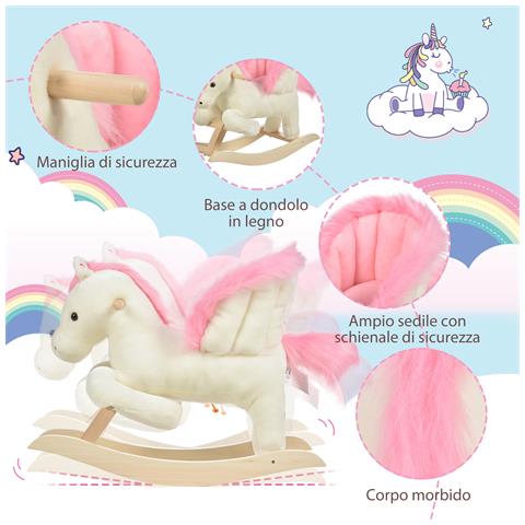 Cavallo A Dondolo Bianco E Rosa Con Suoni E Struttura In Legno Di Pioppo Per Bambini 18-36 Mesi - Foto 2