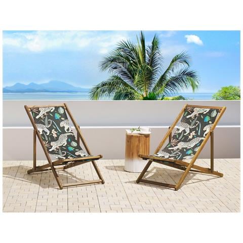 Set Di 2 Sedie A Sdraio Legno Acacia Chiaro Motivo Ghepardi Nero Anzio - Foto 1