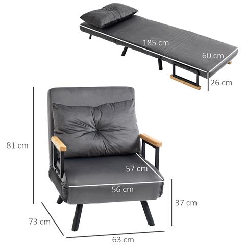 Poltrona Letto 3 in 1 con Schienale Reclinabile in 5 Posizioni e Cuscino, 63x73x81 cm, Grigio Scuro - Foto 6