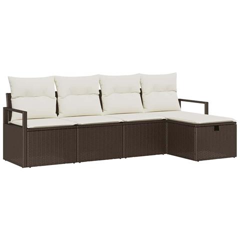 Set di divani da giardino 5 pezzi con cuscini Rattan Poliestere Marrone, Divano da giardino 2 posti con cuscini Rattan Poliestere Marrone - Foto 1