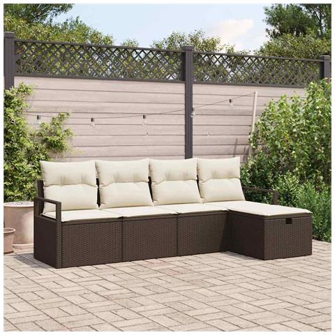 Set di divani da giardino 5 pezzi con cuscini Rattan Poliestere Marrone, Divano da giardino 2 posti con cuscini Rattan Poliestere Marrone - Foto 2