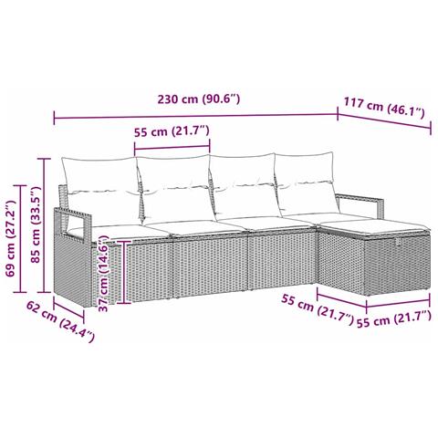 Set di divani da giardino 5 pezzi con cuscini Rattan Poliestere Marrone, Divano da giardino 2 posti con cuscini Rattan Poliestere Marrone - Foto 9