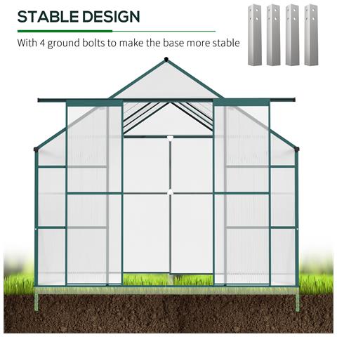 Serra Da Giardino In Policarbonato, Metallo E Alluminio, Anti-uv E Antivento, 244x500x216cm, Verde - Foto 6