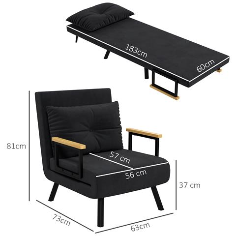 Poltrona Letto 3 in 1 con Schienale Reclinabile in 5 Posizioni e Cuscino, 63x73x81 cm, Nero - Foto 2