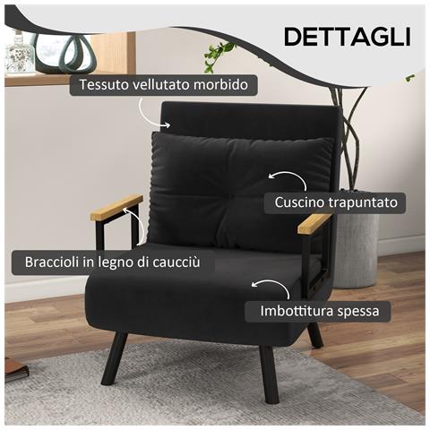 Poltrona Letto 3 in 1 con Schienale Reclinabile in 5 Posizioni e Cuscino, 63x73x81 cm, Nero - Foto 6