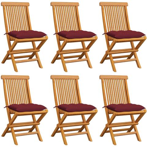 Sedie Da Giardino Con Cuscini Rosso Vino 6 Pz Massello Di Teak - Foto 2