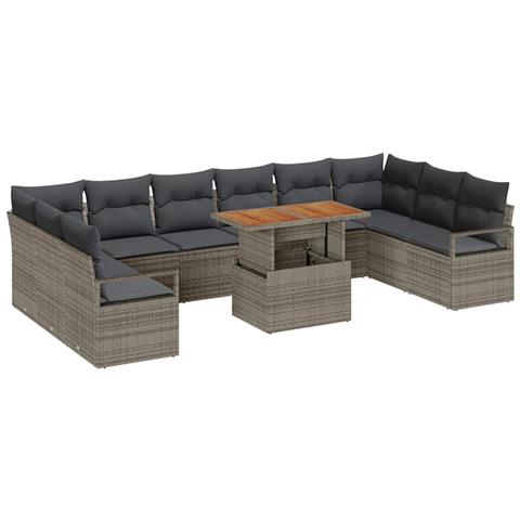 Set Divano Giardino da 11 Pezzi con Cuscini Grigio Rattan Poly Acacia,  Divano Giardino 2 Posti con Cuscini Grigio Rattan Poly - Foto 1