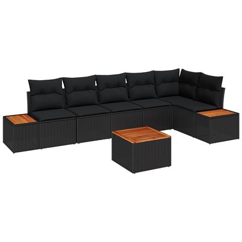 Set di Divano da Giardino 7 Pezzi con Cuscini Neri in Polyrattan e Acacia - Foto 1