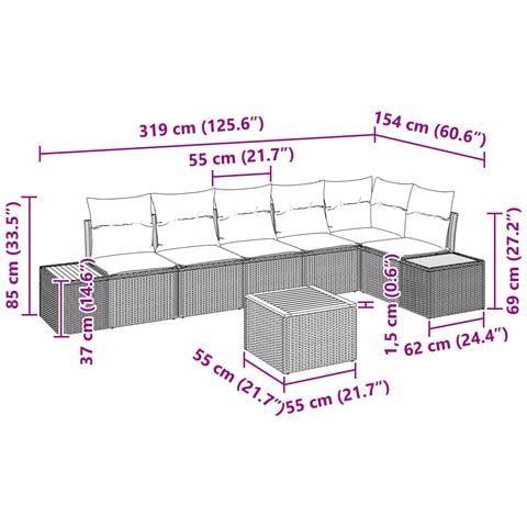 Set di Divano da Giardino 7 Pezzi con Cuscini Neri in Polyrattan e Acacia - Foto 9