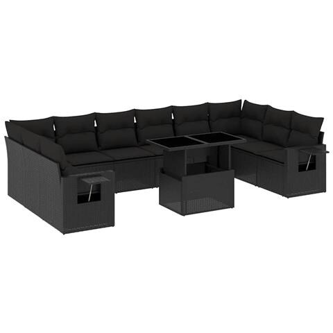 Set Divani da Giardino 11 pz con Cuscini in Polyrattan Nero - Foto 1