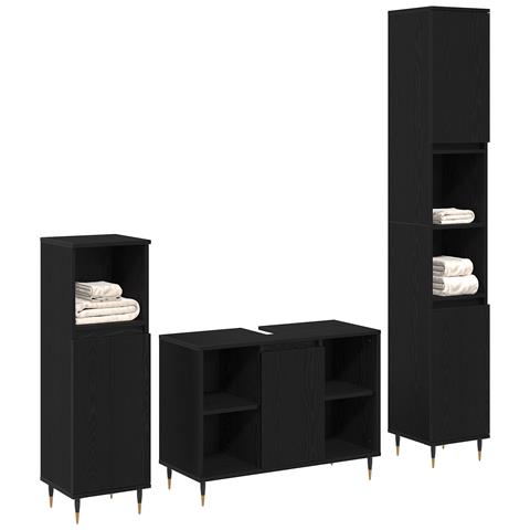 Set di mobili per il bagno 3 pezzi Rovere Nero Legno ingegnerizzato, Mobile da bagno  Rovere Nero 30x30x190 cm Legno ingegnerizzato, Mobile da bagno  Rovere Nero 30x30x100 cm Legno ingegnerizzato - Foto 2