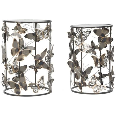 Coppia Tavolinetti Farfalle In Ferro E Vetro - 41,3 X H 55 E 35 X H 50,3 Cm - Foto 1