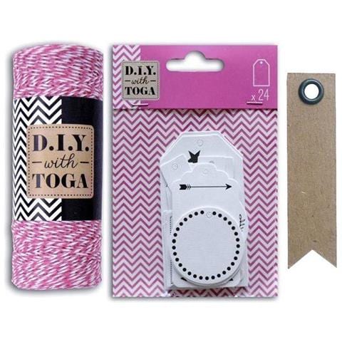 24 Etichette Bianche Forate + Spago Fucsia-bianco 100 M + 20 Etichette Kraft Con Gagliardetto - Foto 1