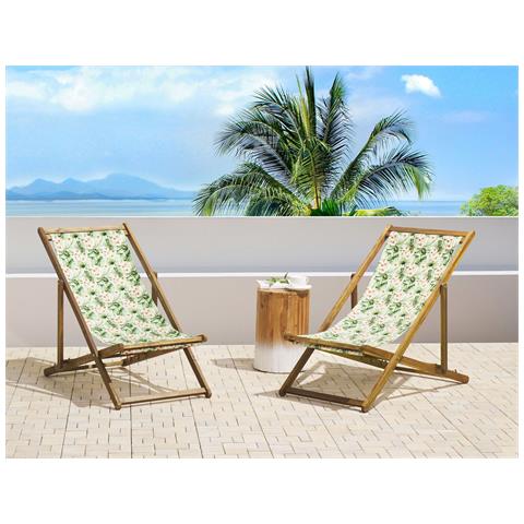 Set Di 2 Sedie A Sdraio Legno Acacia Chiaro Motivo Foglie E Fiori Rosa Anzio - Foto 1