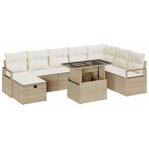 Set Divano da Giardino 9 Pezzi con Cuscini Beige in Rattan Polietilene, Divano da Giardino 2 Posti con Cuscini Beige in Rattan Polietilene - Foto 1