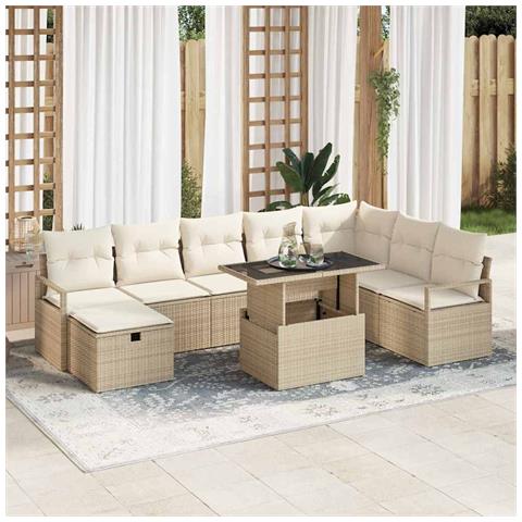 Set Divano da Giardino 9 Pezzi con Cuscini Beige in Rattan Polietilene, Divano da Giardino 2 Posti con Cuscini Beige in Rattan Polietilene - Foto 2