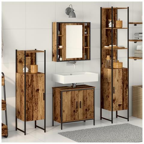 Set di Mobili per il Bagno da 4 Pezzi Legno Rustico Legno Ingegnerizzato - Foto 2