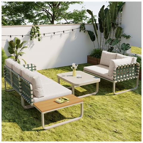 Set Da Giardino (4-5 Posti), Set Di Mobili Da Giardino In Rattan In Pelle Verde, Set Di Divani Da Esterno Con Tutti I Cuscini Di Seduta E Schienale, Set Da Balcone - Foto 4