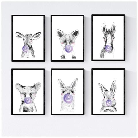Set Di 6 Stampe Animali Bambini Con Gomma Da Masticare Coniglio Mucca Volpe Cavallo Orso Fiamma A3 Cornice Nera - Foto 1