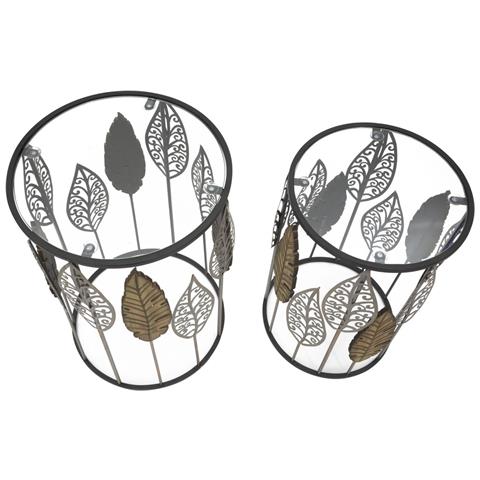 Coppia Tavolinetti Foglie In Ferro E Vetro - 38 X H 55 E 33 X H 50 Cm - Foto 2